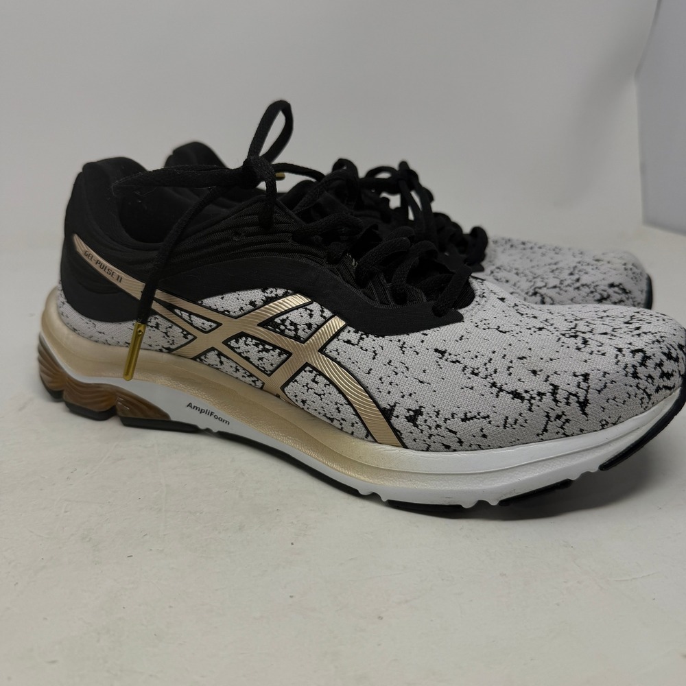 ASICS Running Shoes Womens 9 Gel-Pulse 11 Black White Gold Crackle 1022A237 EUC